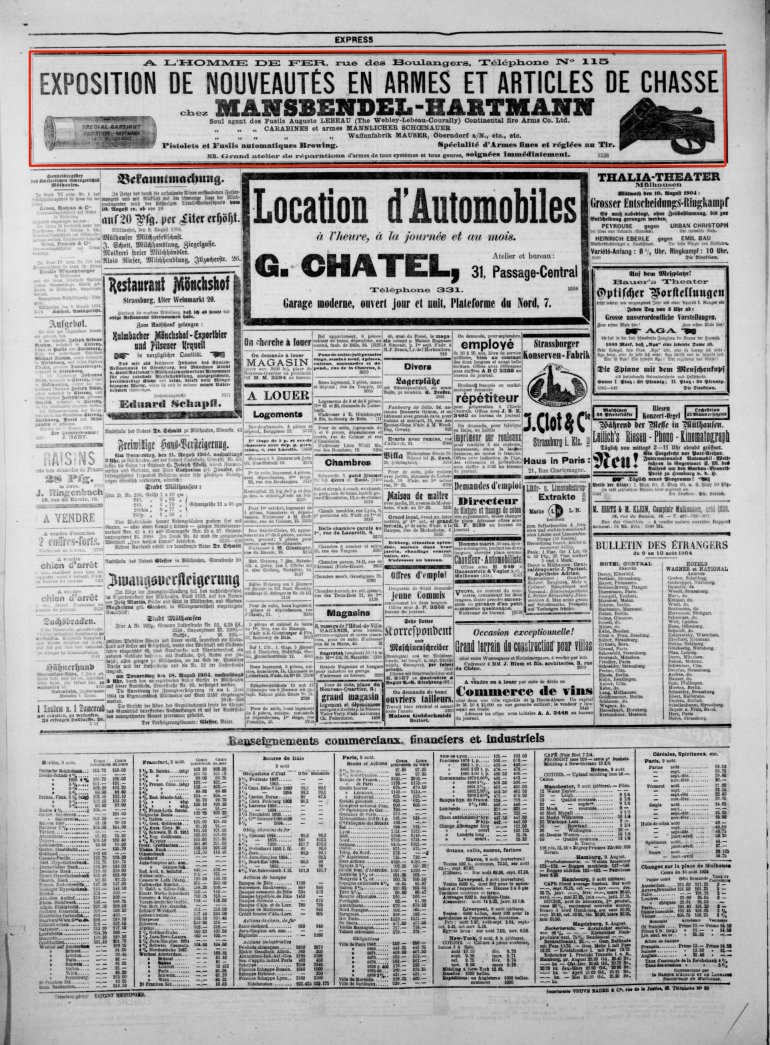 Journal L'Express de Mulhouse du 10 août 1904 (p.4) : exposition de nouveautés en armes et articles de chasse.